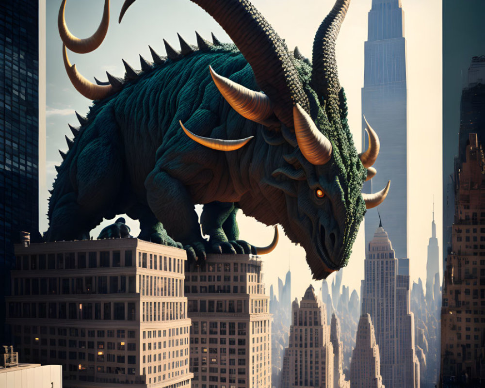 Gigantic dragon with horns overlooking cityscape