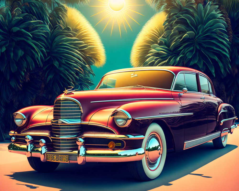 Classic Vintage Car Parked Under Tropical Sun with Palm Trees