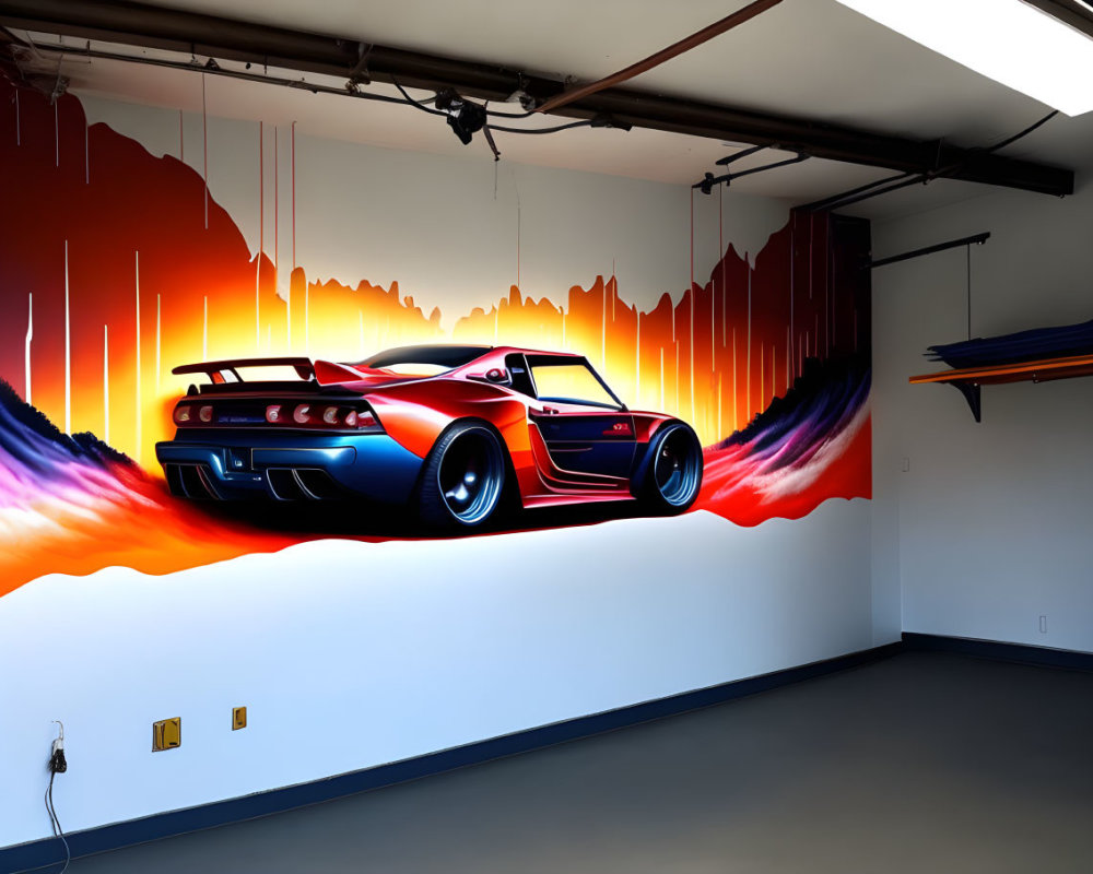 Colorful sports car mural in garage with dynamic orange and purple background