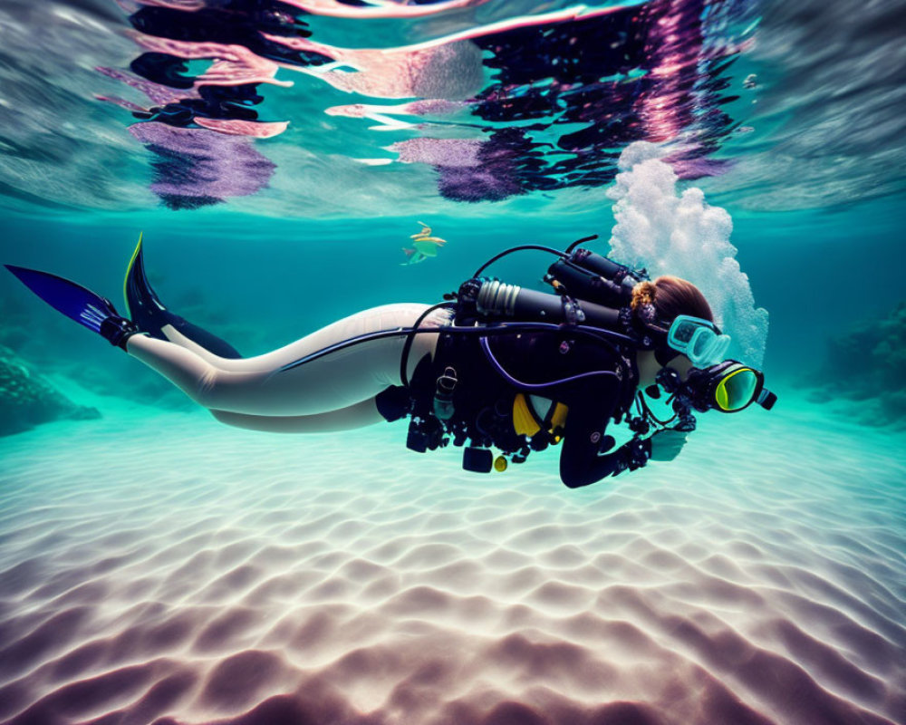 Underwater scuba diver with fins and gear on sandy ocean floor.