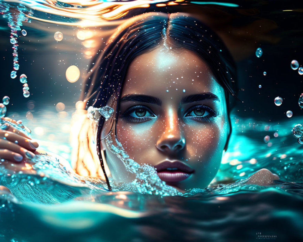 Woman partially submerged in water with glistening bubbles and ethereal glow
