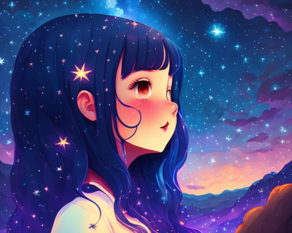 Illustration of girl with blue hair under starry night sky