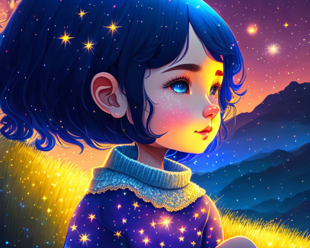Blue-haired animated girl in field under starry sky & mountains