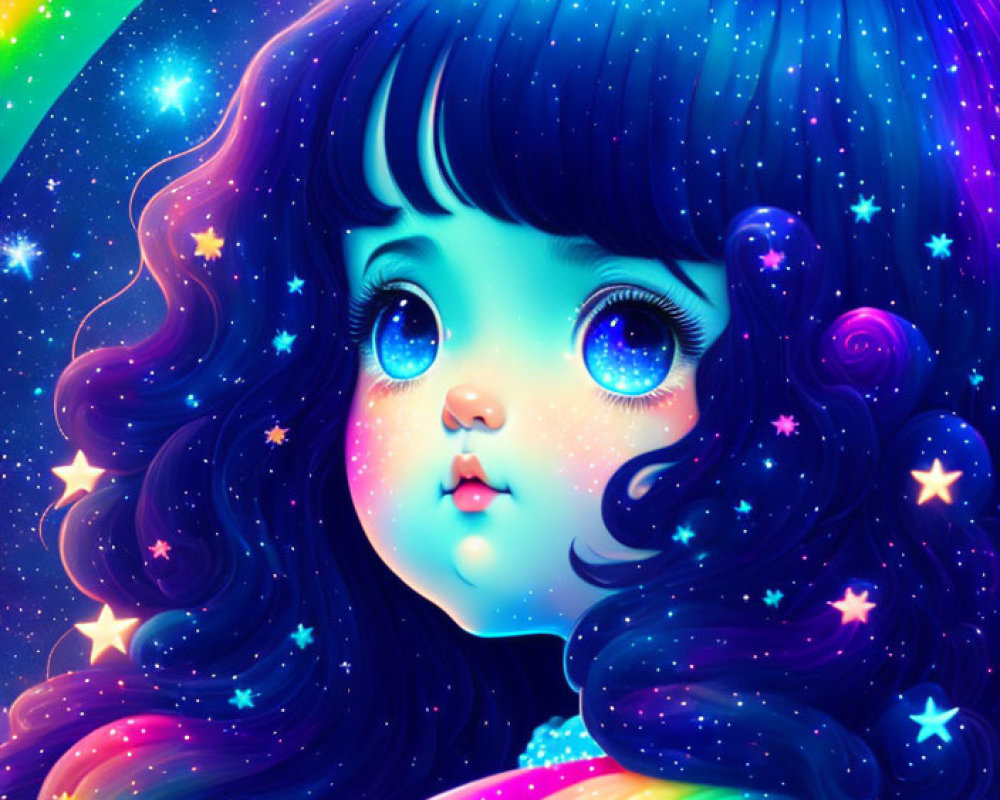Colorful illustration of a girl with expressive eyes and blue hair in cosmic setting