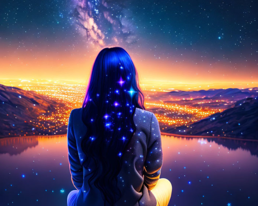 Starry glowing hair person gazes at cityscape under luminous galaxy