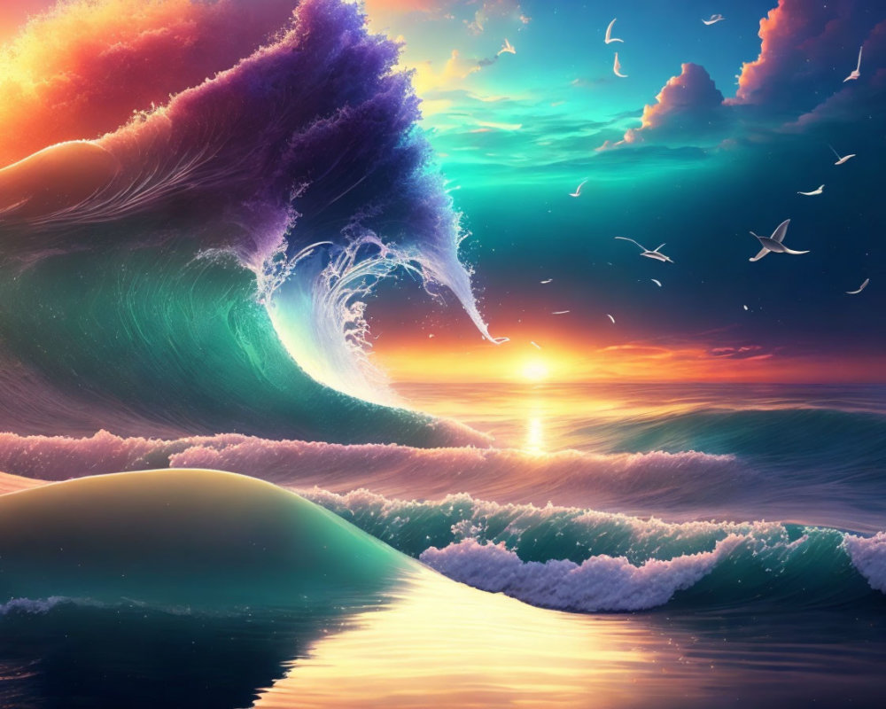 Surreal wave digital artwork with purple hues and sunset sky