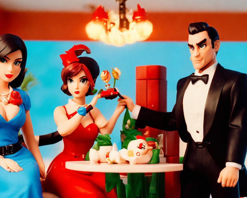 Vintage Outfits: Animated Female Characters and Male Server at Diner