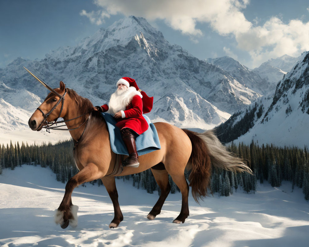 Santa Claus on Brown Horse in Snowy Mountain Landscape