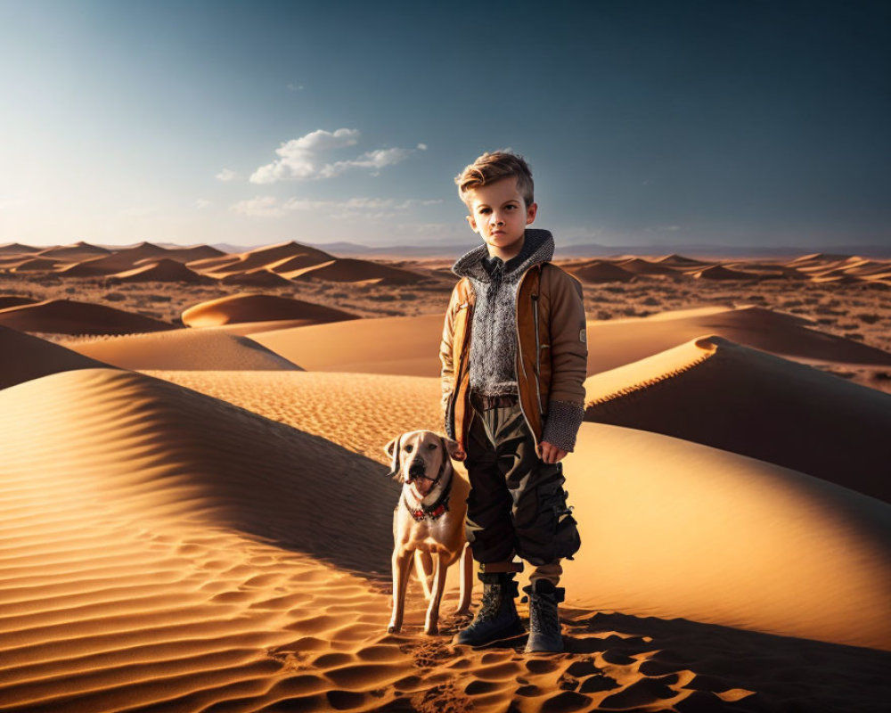 Young boy and dog in desert dunes under cloudy sky