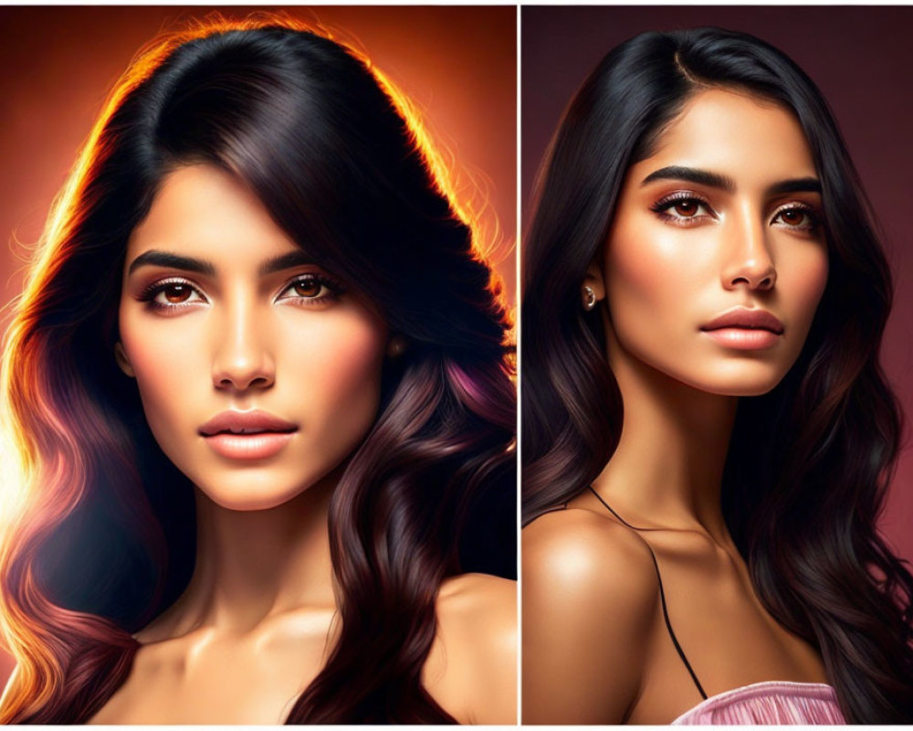 Split-image portrait of a woman with dark hair and subtle smile, showcasing striking features and smooth skin.