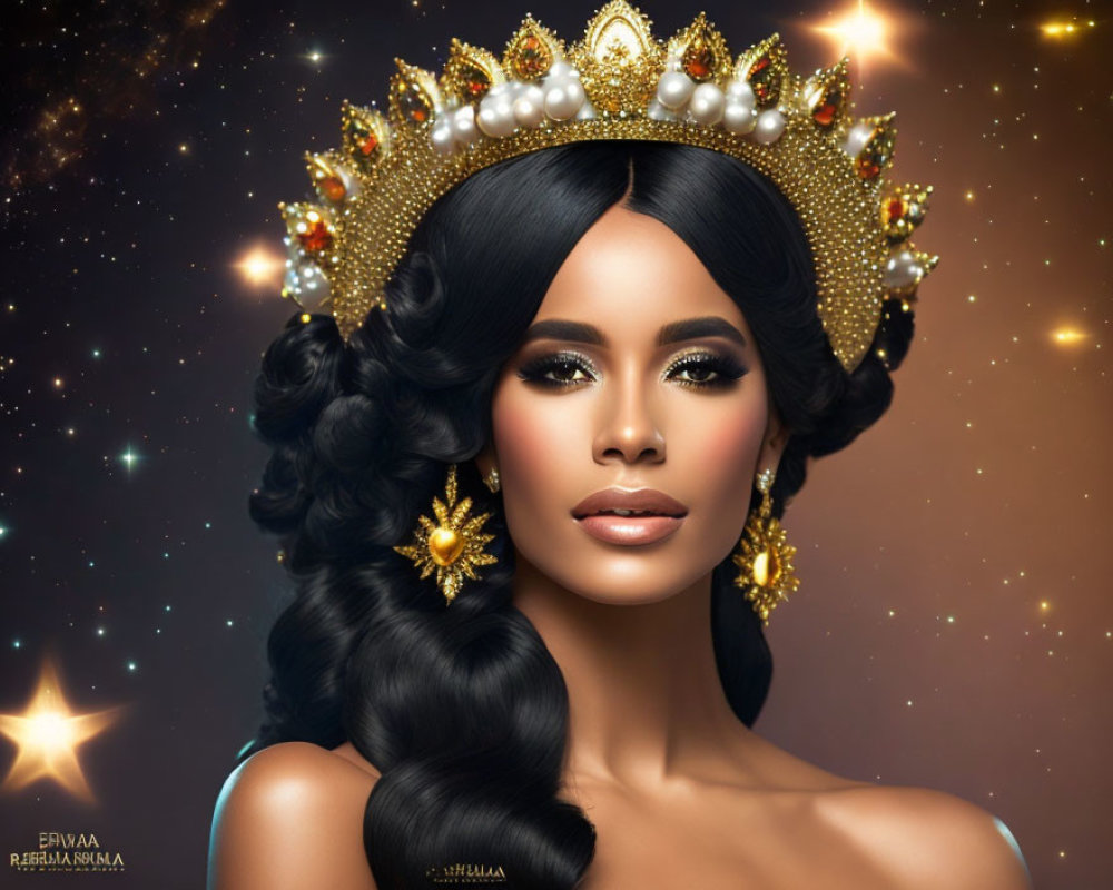 Portrait of woman with decorative crown, earrings, dark flowing hair, subtle makeup, starry background