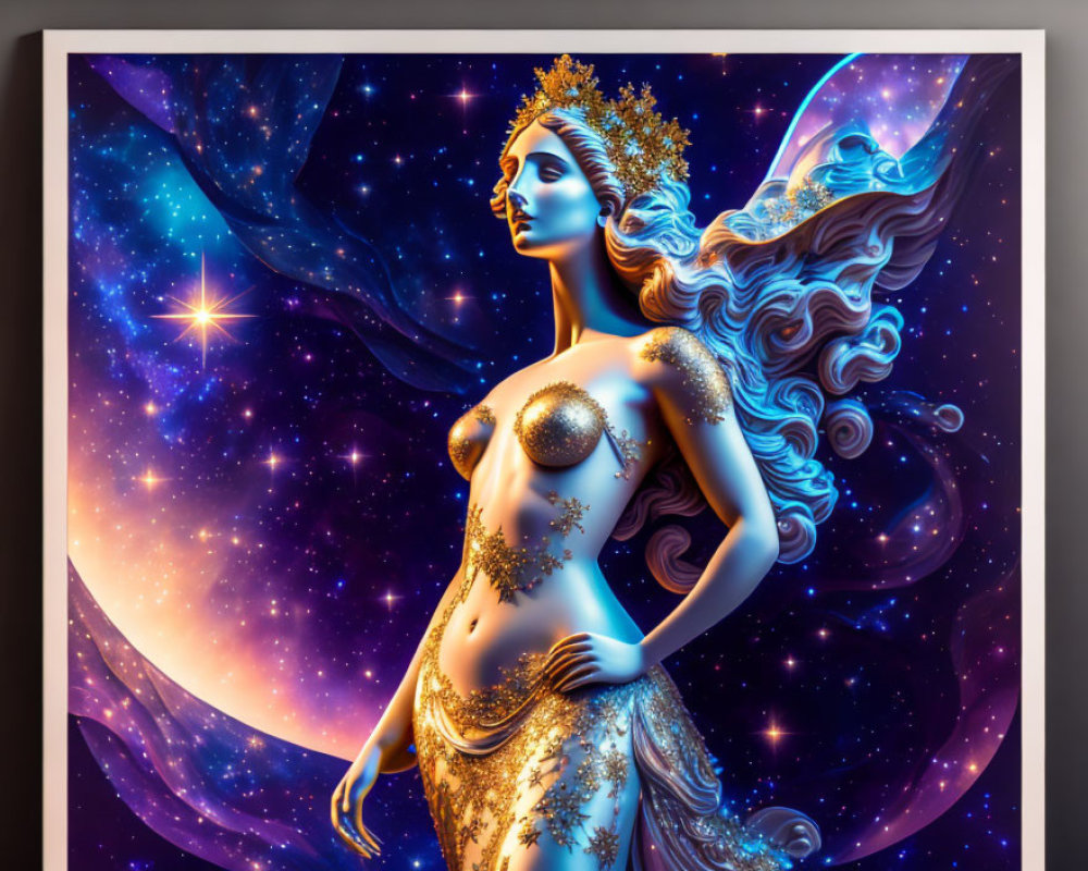 Vibrant celestial woman with flowing hair in cosmic setting