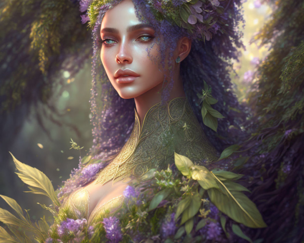 Fantasy female character with floral adornments in lush purple foliage