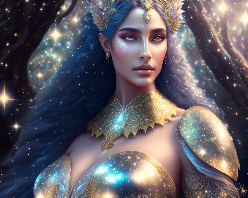 Fantasy illustration of woman with celestial adornments and cosmic background