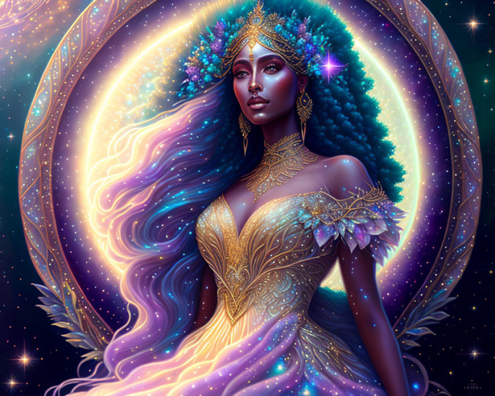 Cosmic-themed woman illustration with flowing hair and gold jewelry