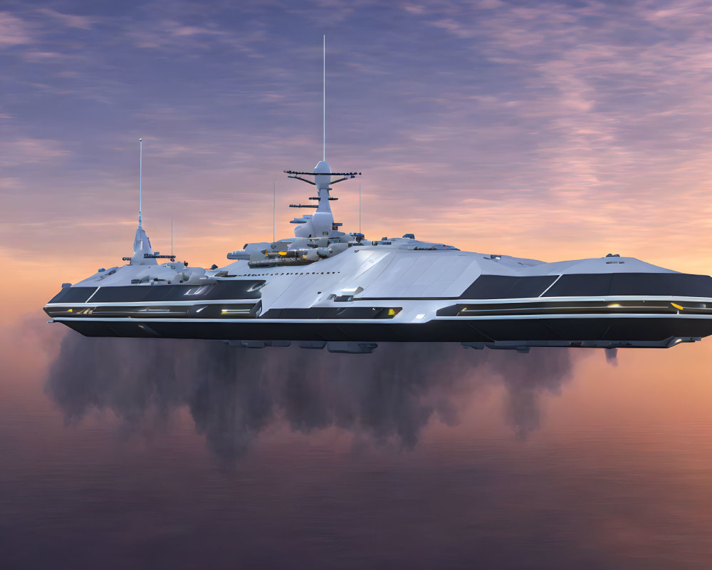 Sleek futuristic battleship above clouds at dusk