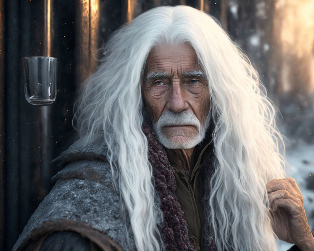 Elderly man with long white hair and beard in fur-lined cloak holding a glass
