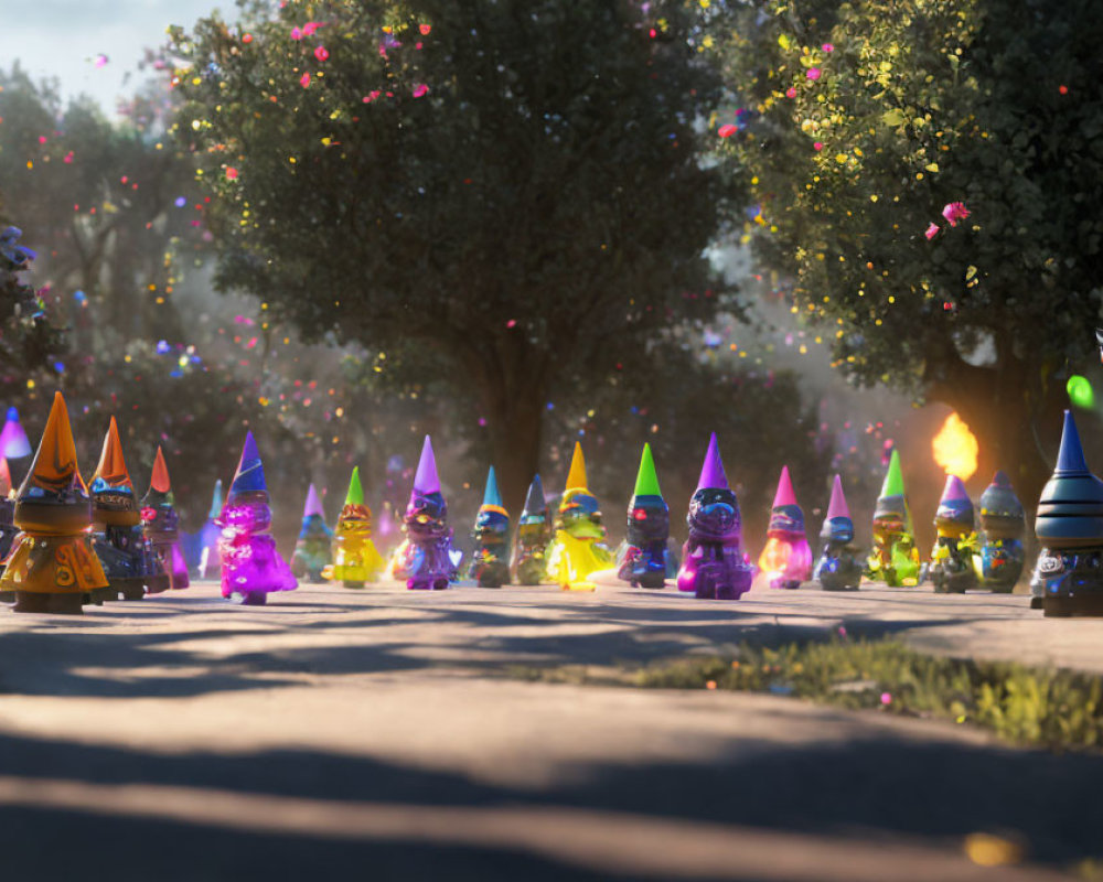 Vibrant garden gnomes glowing on path at dusk with trees and sparkles.