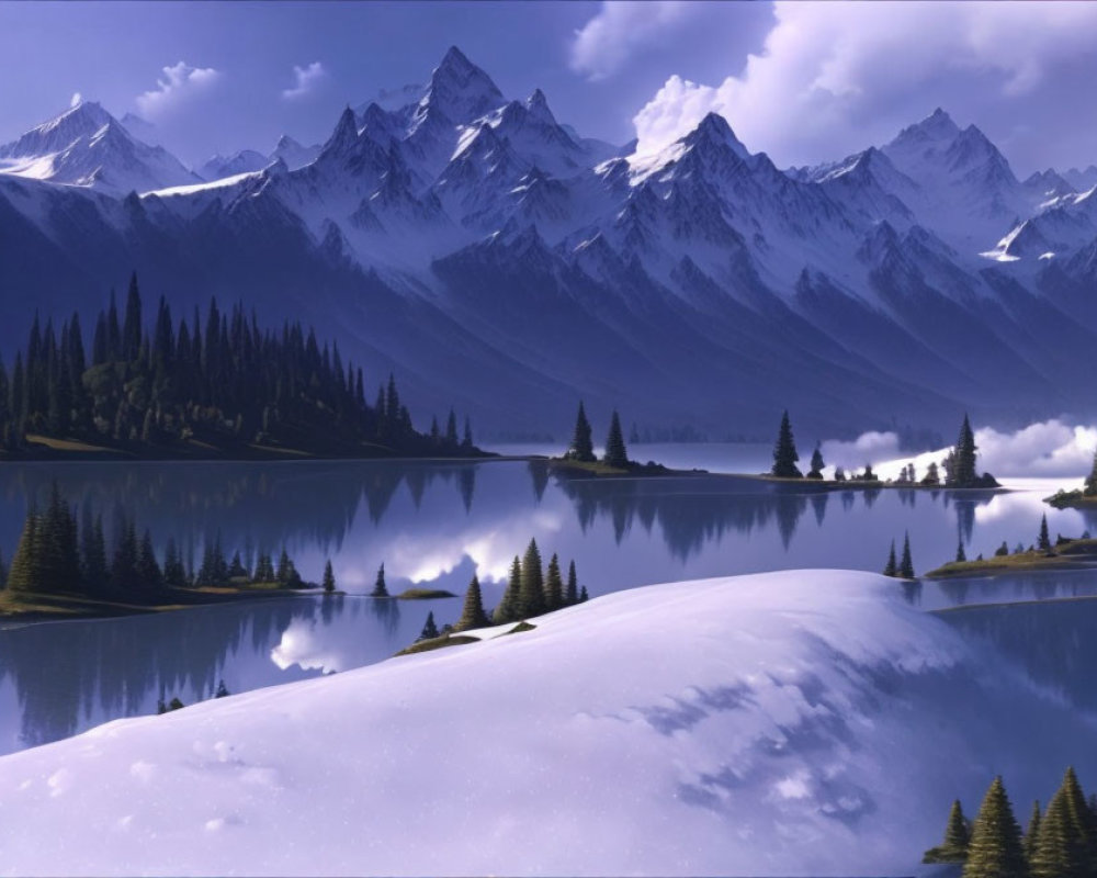 Snow-covered landscape with reflective lake, pine trees, and towering mountains.