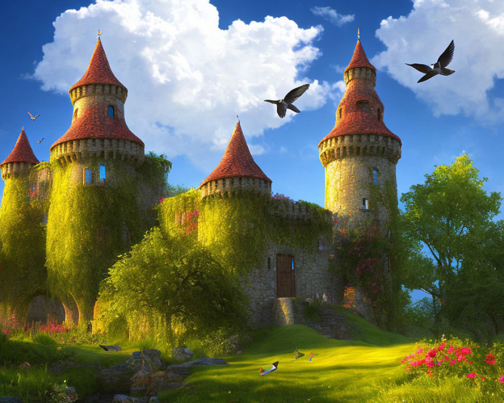 Verdant ivy-covered castle in lush green landscape under blue sky