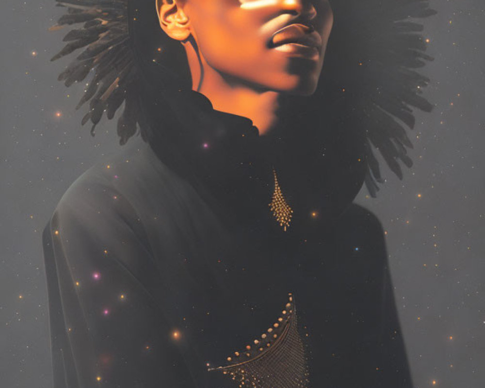 Portrait of individual with afro halo and golden jewelry against cosmic backdrop