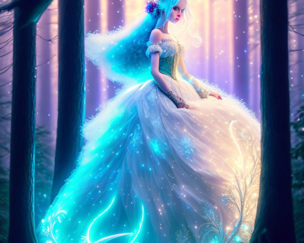 Ethereal woman in blue and white gown with crown and fox-like mask in mystical forest.