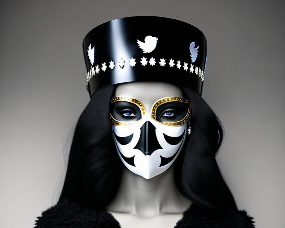 Person with Long Dark Hair in Stylish Black and White Mask and Bird Headpiece
