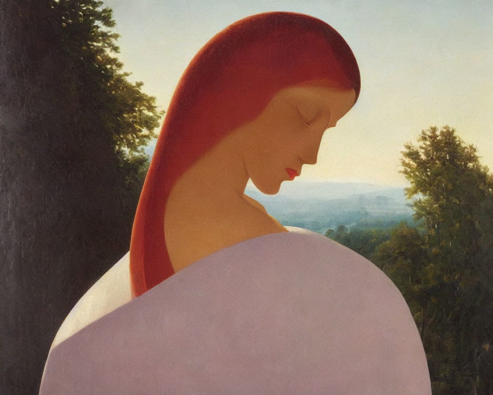 Red-haired woman in white cloth gazes down in serene painting