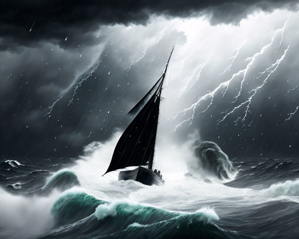 Sailboat navigating stormy seas with lightning strikes
