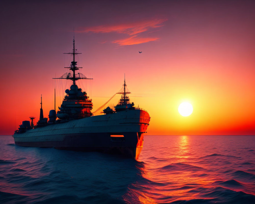 Military ship sails under vibrant sunset with bird in flight