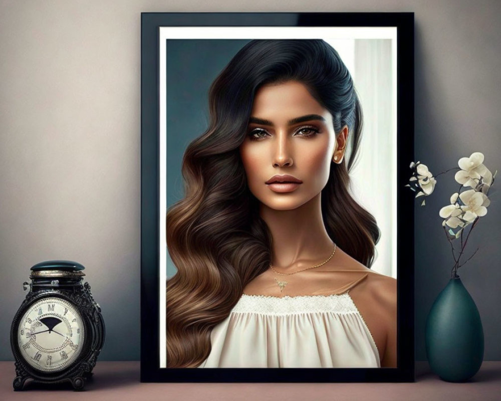Digital portrait of woman with wavy hair, vase of flowers, and ornate black clock on shelf