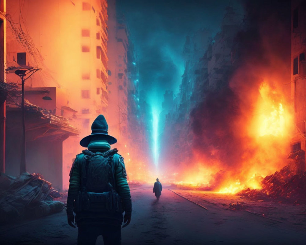 Person with backpack and hat in surreal city street with flames and blue light
