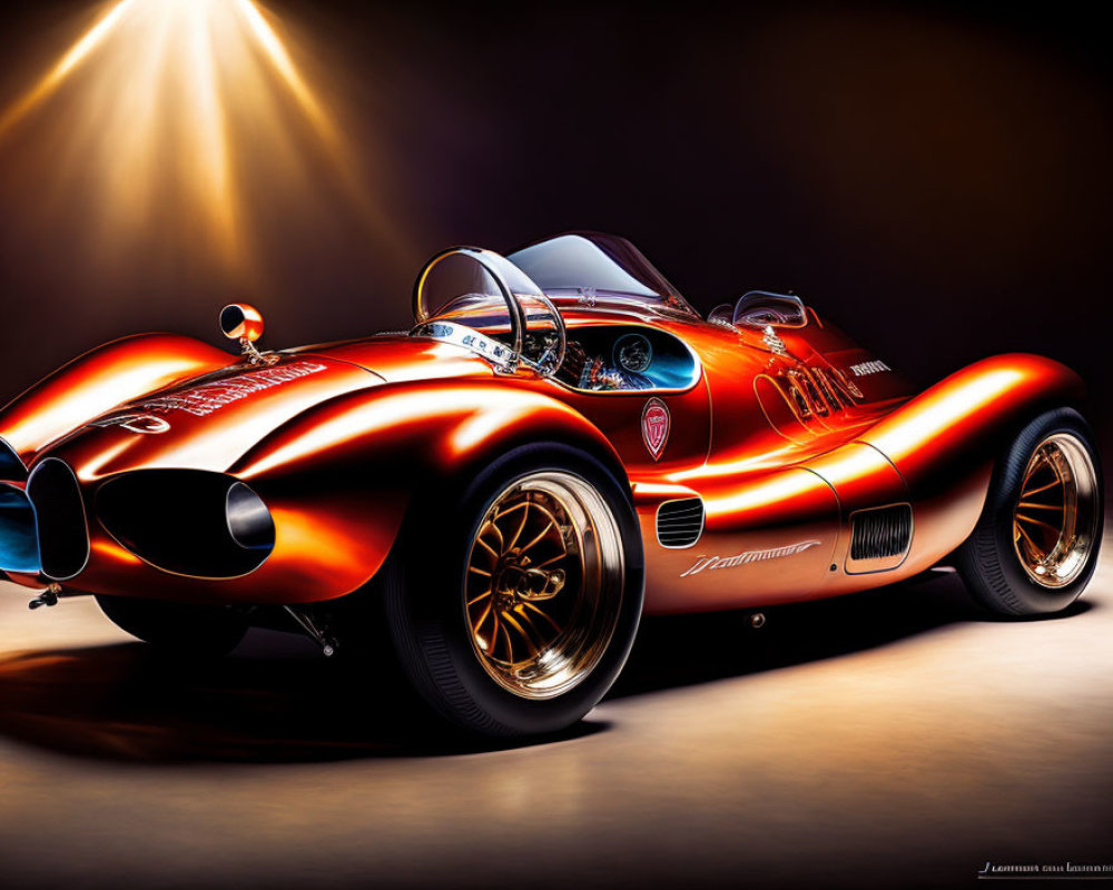 Red Sports Car with White Stripes, Chrome Details, and Gold Rims under Dramatic Light