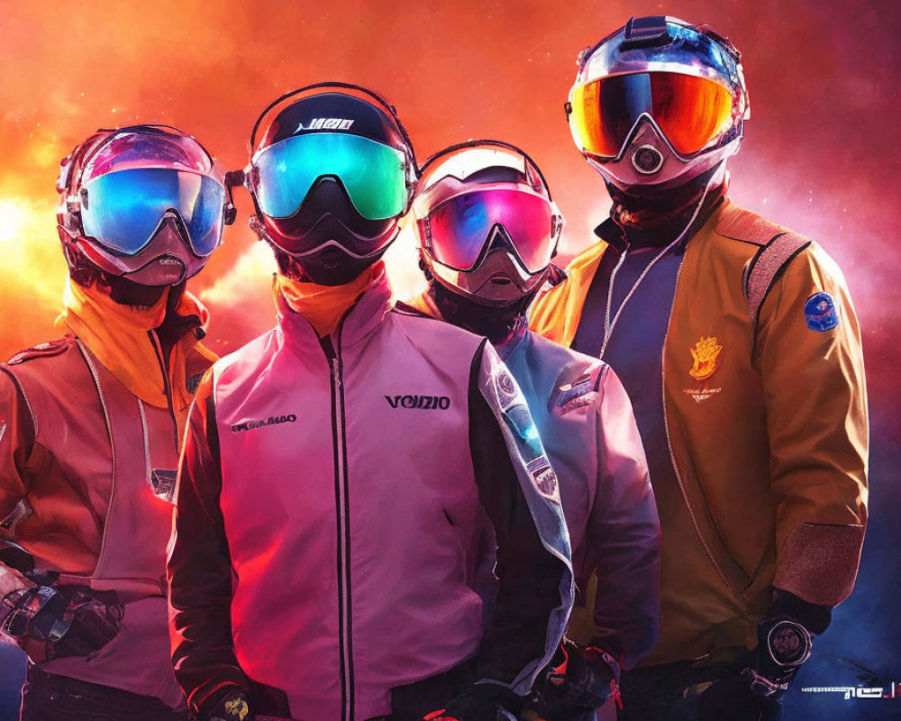 Four People in Ski Gear Against Vibrant Red and Purple Backdrop