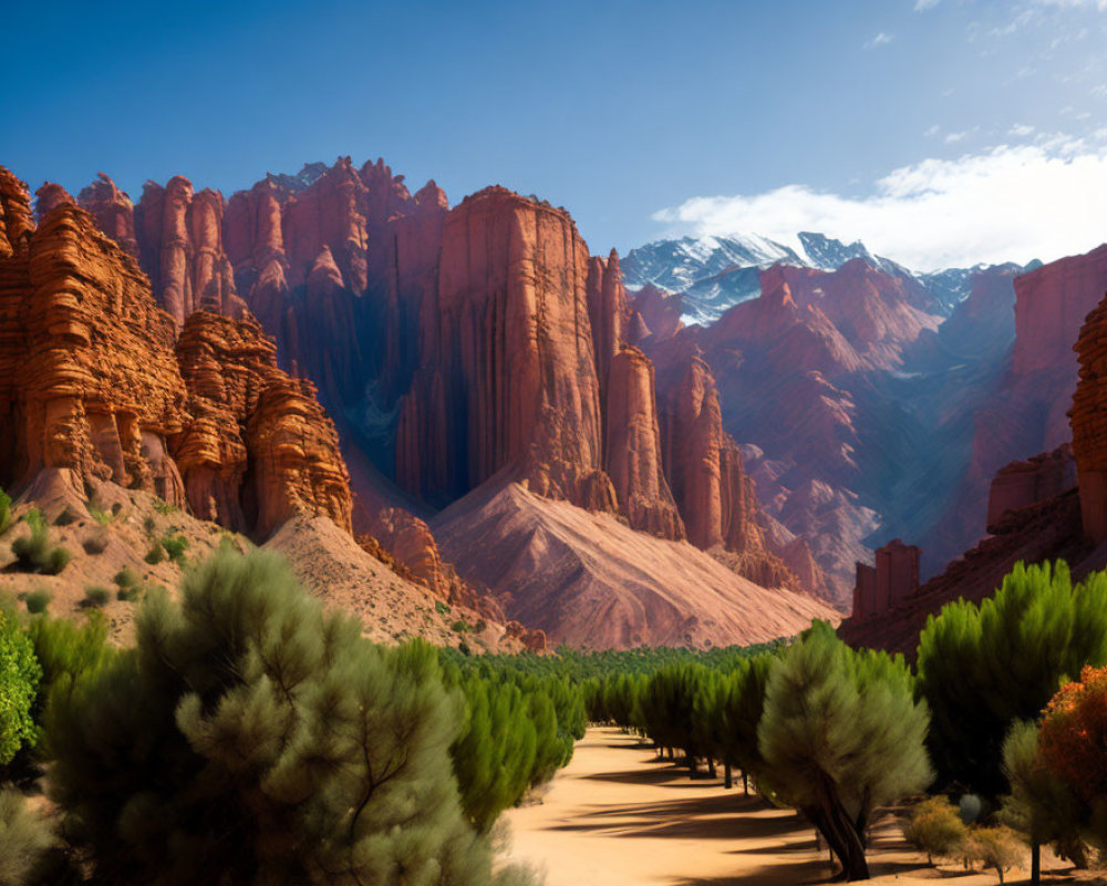 Desert Path with Trees, Red Rocks, and Snow-Capped Mountains