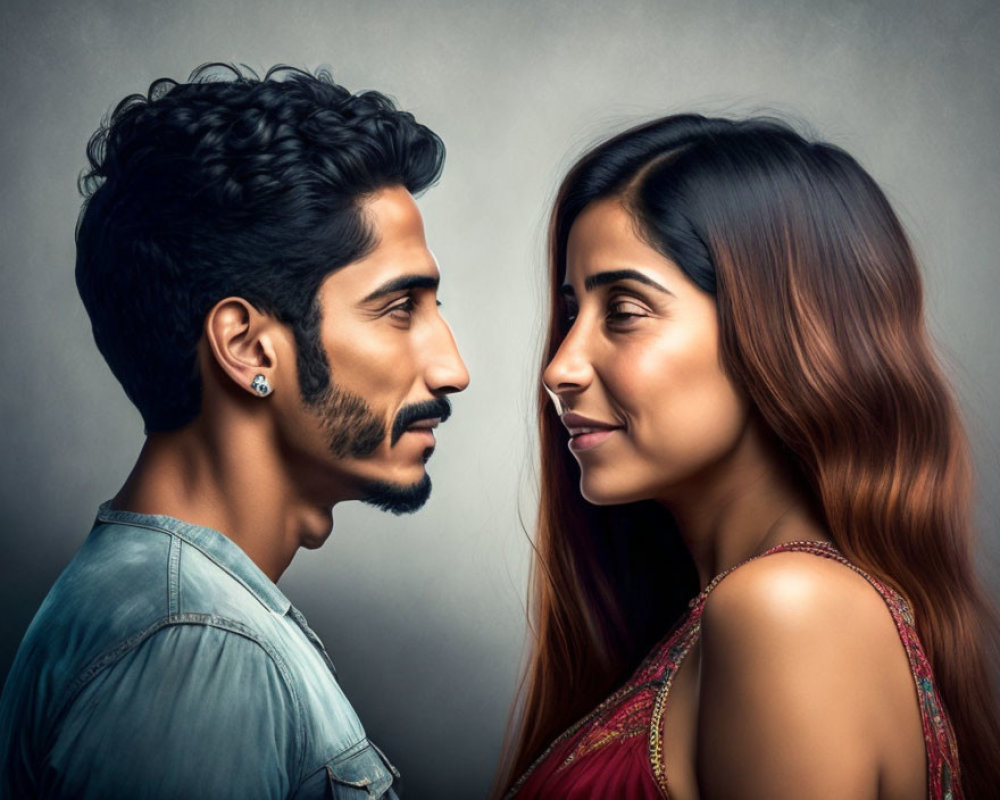 Profile of man and woman with dark hair in close proximity against muted background