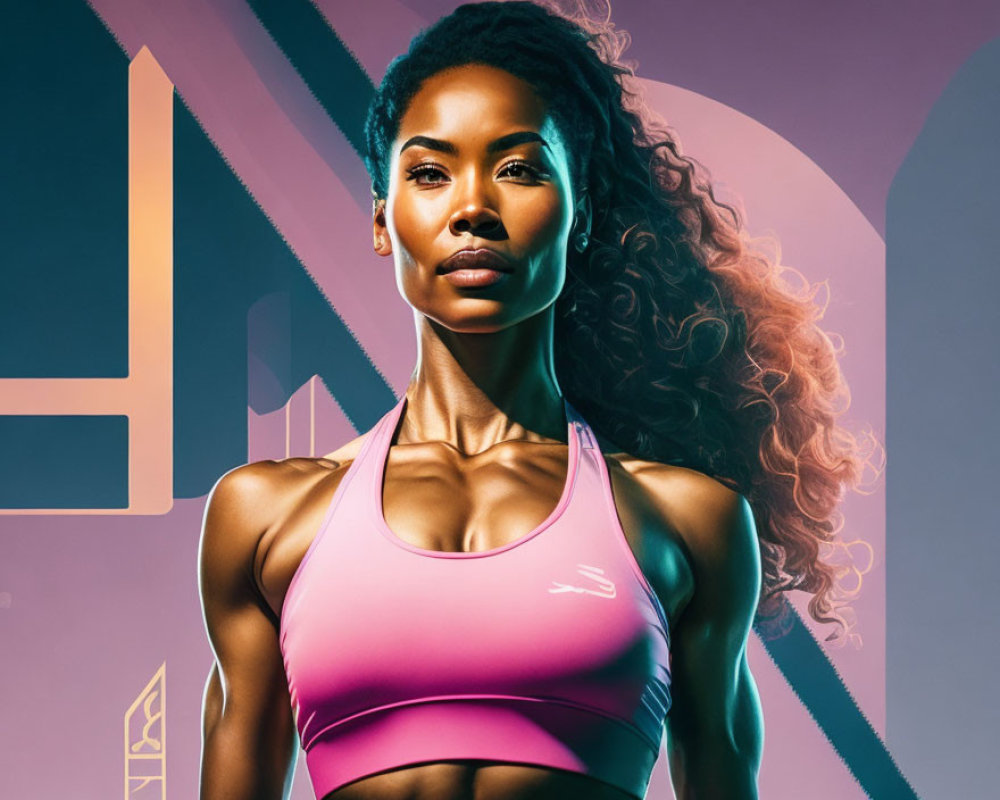 Curly-Haired Woman in Pink Sports Top on Purple Geometric Background
