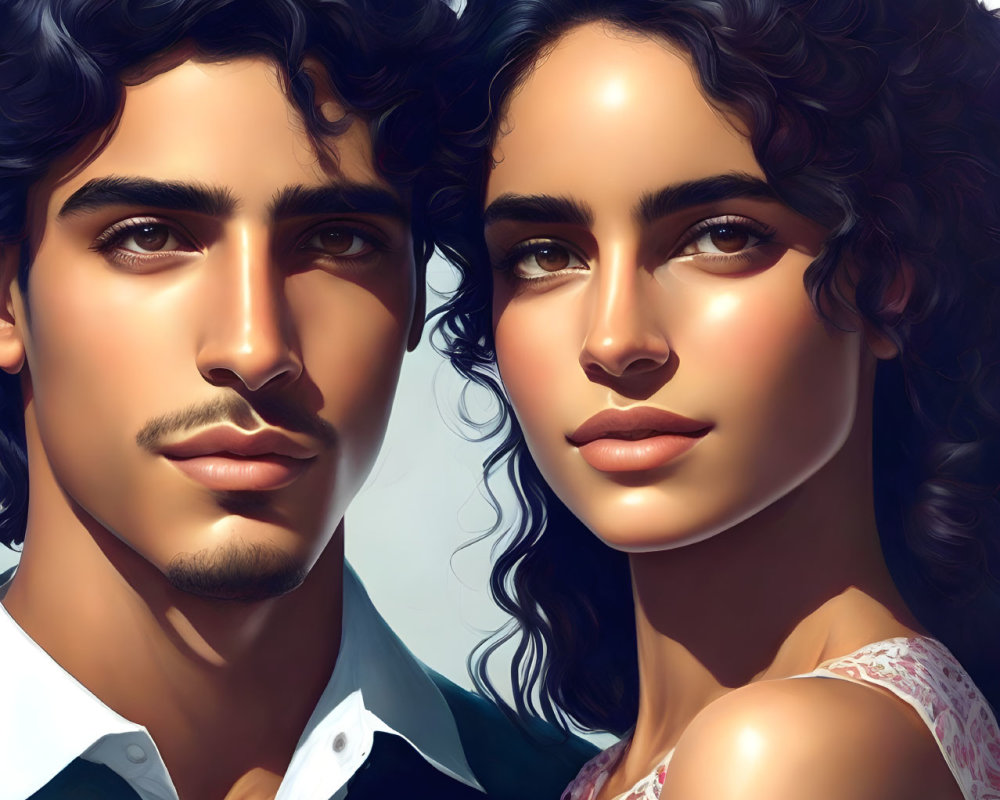 Portrait of young man and woman with dark curly hair and olive skin