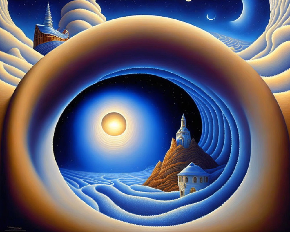 Surreal landscape with concentric circles, sun, buildings, starry sky