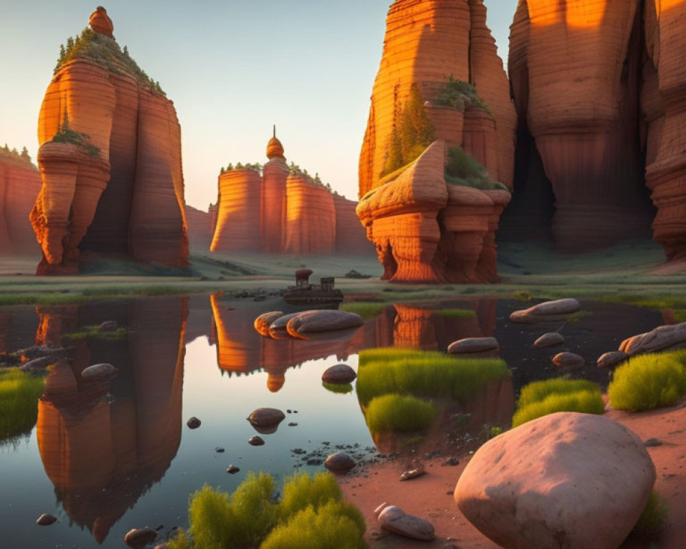 Red Rock Formations Reflecting in Tranquil Water at Sunset