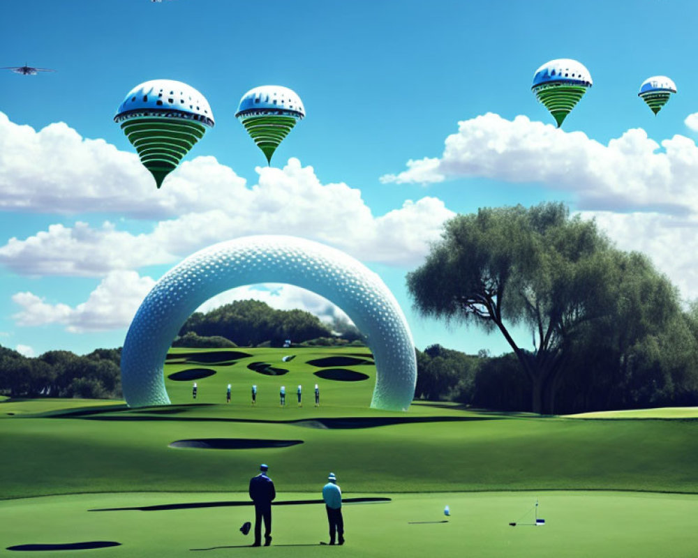 Futuristic golf course with dome-like structures and flying striped objects