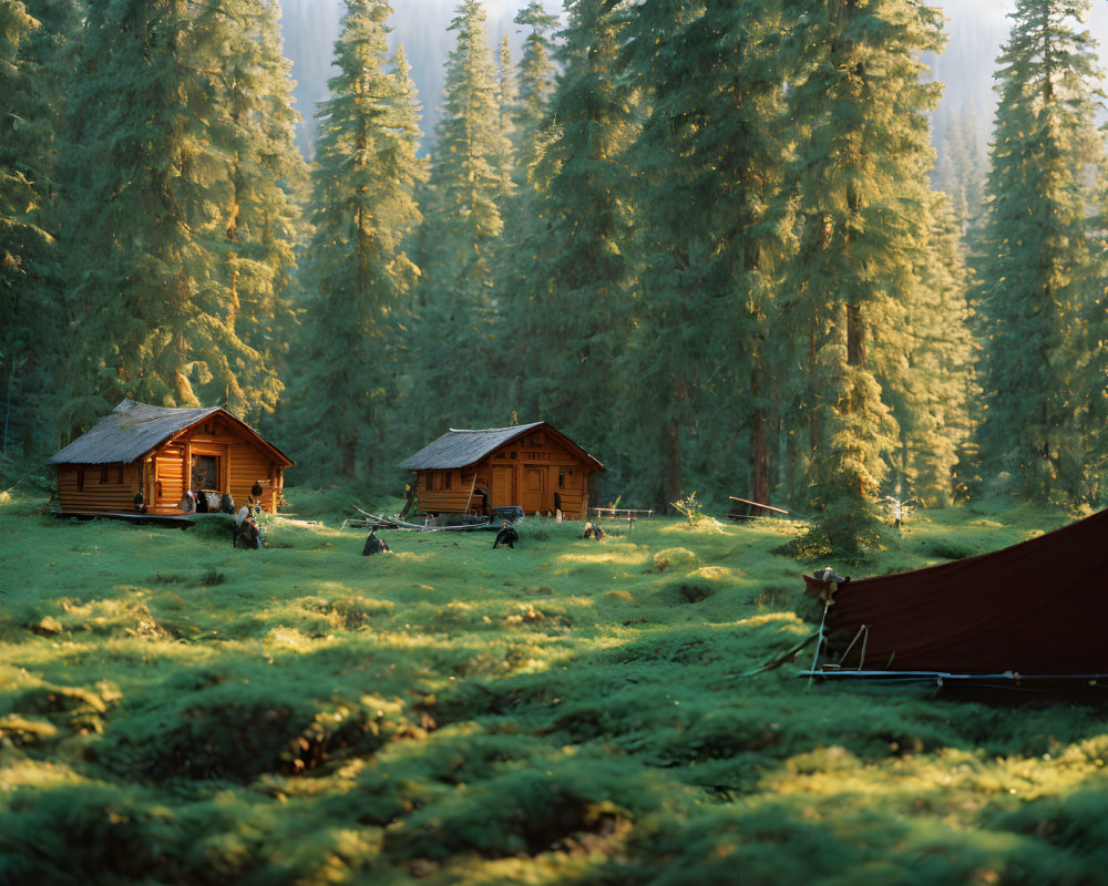 Wooden cabins, pine trees, tent, and campsite gear in forest clearing