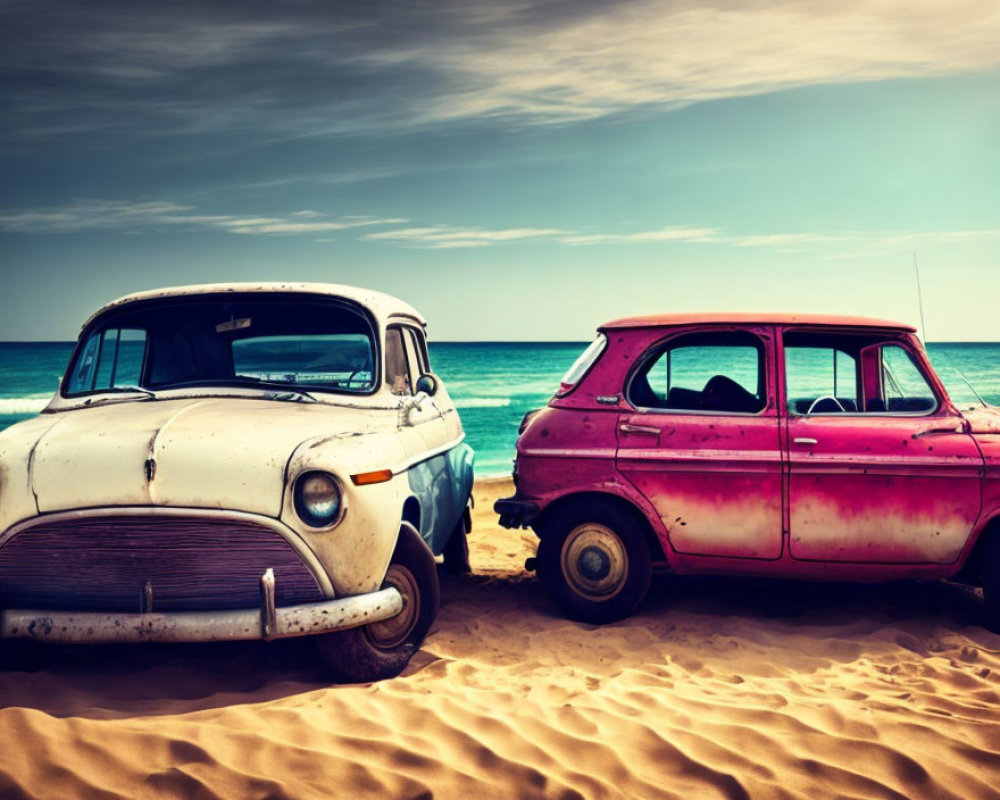 Two Abandoned Vintage Cars on Sandy Beach with Ocean and Blue Sky