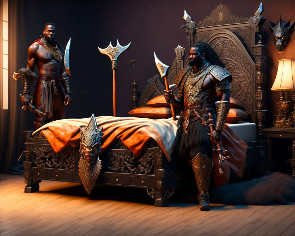 Regal warriors in grand room with ornate axes