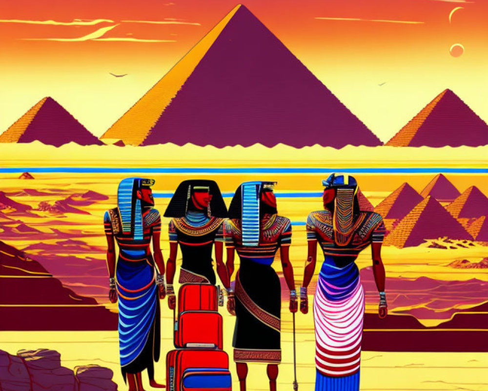 Stylized characters in Egyptian attire with luggage at sunset by pyramids