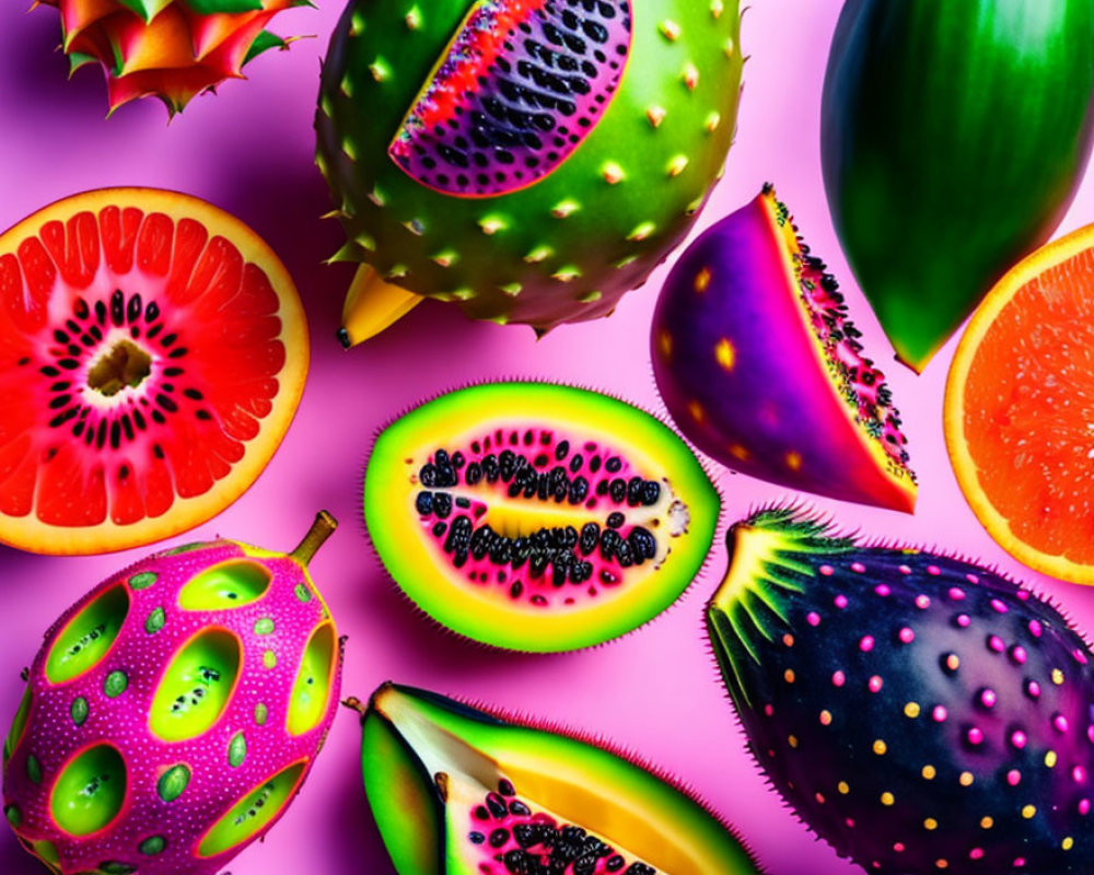 Vibrant exotic fruits on pink background: kiwi, dragon fruit, citrus