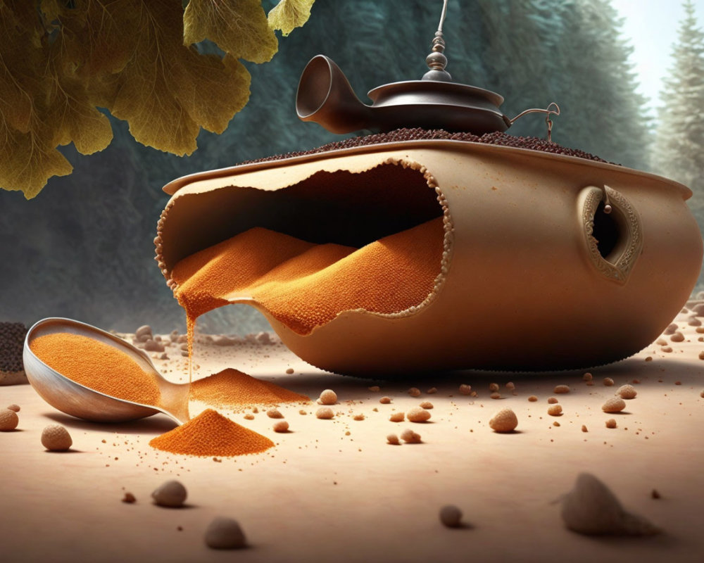 Surreal chocolate teapot pouring in sandy landscape with bronze spoon and coffee beans, forest backdrop