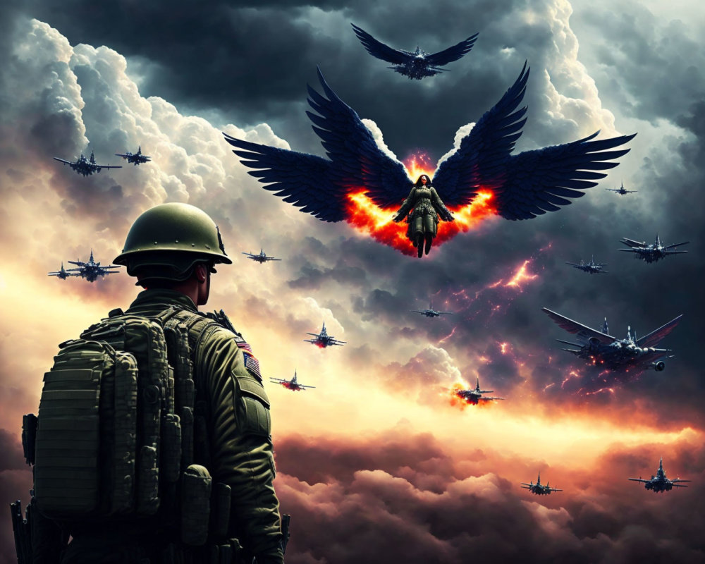 Soldier observing fiery winged figure in dramatic sky.