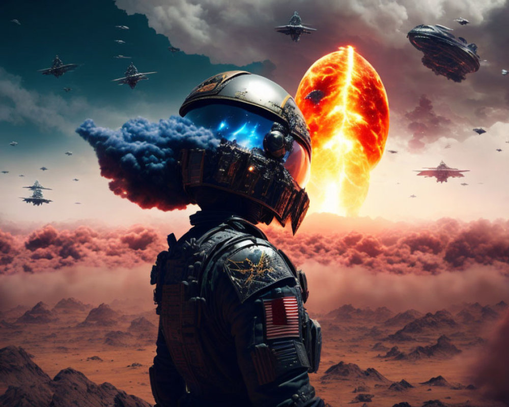 Astronaut on alien planet with spaceships and fiery planet in background