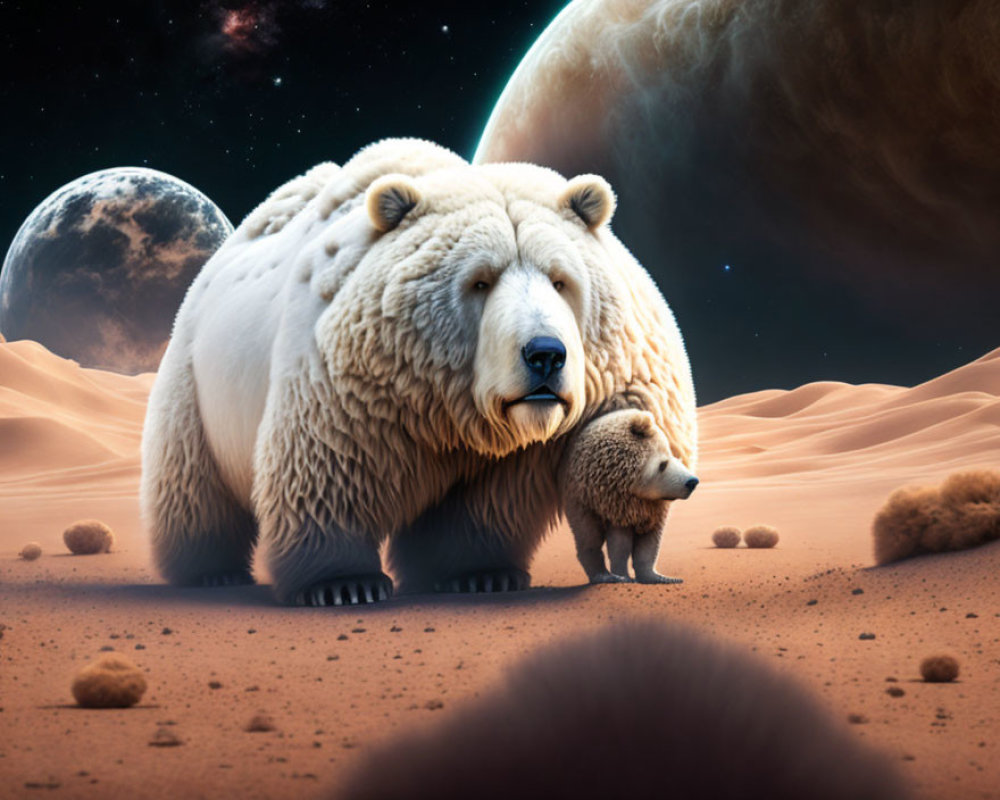 Two Bears on Sandy Terrain with Celestial Sky Background